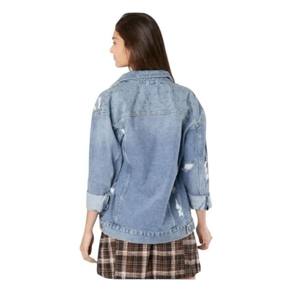 Free People Studded Denim Trucker Jacket Blue Medium Wash Distressed Denim XS - Picture 6 of 13
